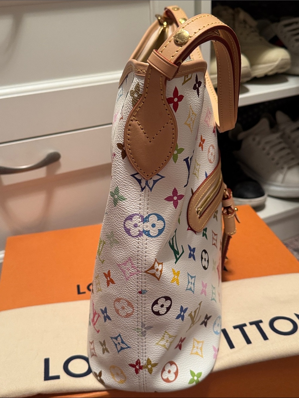 Louis Vuitton White Multicolor Monogram Shoulder Bag with Natural Leather Trim - Picture 6 of 9